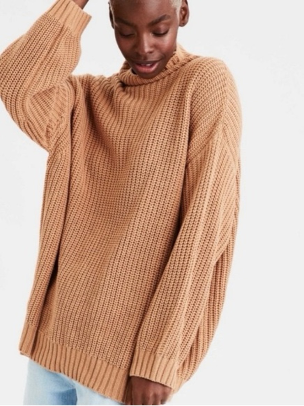 American Eagle Oversized Mock Neck Sweater Women M Tan